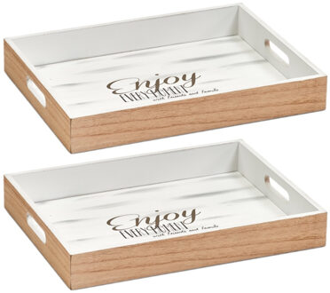 Zeller Dienblad - Set van 2x stuks - bruin/wit - 40 x 30 x 5,5 cm - hout - rechthoekig - serveerblad