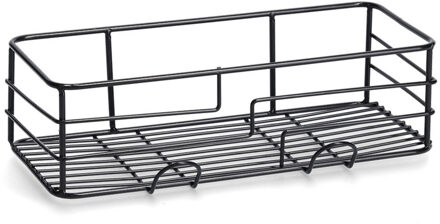 Zeller Douche/badkamer rekje met haakjes - metaal - zwart - 28 x 14 cm