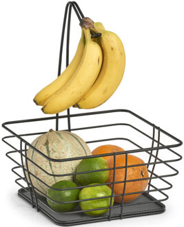 Zeller Fruitmand - vierkant - banaan hanger - zwart - 26 cm - draad metaal - fruitschaal