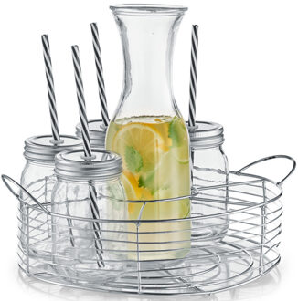 Zeller Karaf/schenkkan 1 liter met 6 mason jars in metalen houder 27 cm Transparant