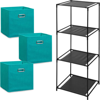 Zeller Kastmandjes/opberg mandjes - aqua groen/blauw - 3x stuks van 29 Liter - In rekje van 34 x 98 cm