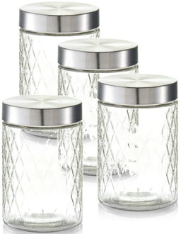 Zeller keuken voorraadpotten / bewaarpotten - 4x - 1200 ml - geruit glas - 11 x 17 cm