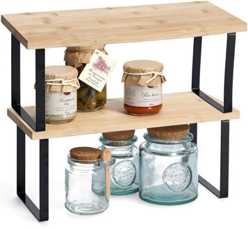 Zeller Keukenrek/opbergrek/aanrecht organizer - set 2x - 36 x 16 x 16 cm - zwart - metaal/bamboe hout