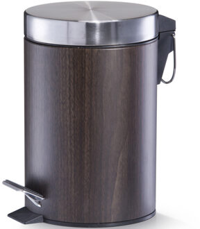 Zeller kleine pedaalemmer - badkamer/toilet - 3 liter - houtprint - donkerbruin/zilver - 17 x 26 cm