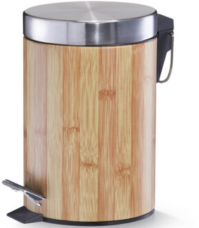 Zeller kleine pedaalemmer - badkamer/toilet - 3 liter - houtprint - lichtbruin/zilver - 17 x 26 cm