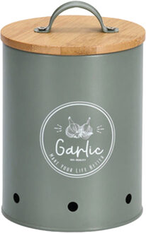 Zeller Knoflook bewaar pot/blik - metaal/hout - groen - 14 x 17 cm - voorraad pot
