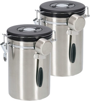 Zeller Koffie bewaarblik met lepel - 2x - RVS/kunststof - zwart - clipsluiting - luchtdicht - 2700 ml