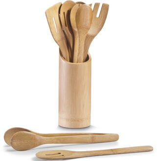 Zeller Kookgerei van bamboe hout - 7-delig - in houder - 9 x 33 cm - keuken lepels