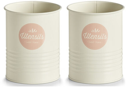 Zeller Kookgereihouder - 2x - Metaal - Wit/Roze - Utensils Sweet Home - Blik / Voorraadpot