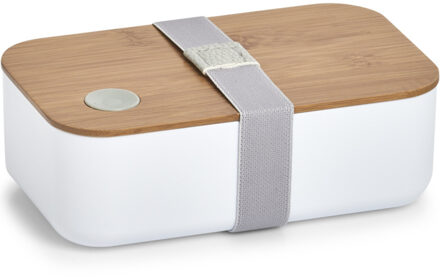 Zeller Lunchtrommel/broodtrommel 2-vaks - wit/naturel bamboe - 19 x 7 cm