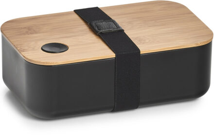 Zeller Lunchtrommel/broodtrommel 2-vaks zwart/naturel bamboe 19 x 7 cm - Lunchboxen