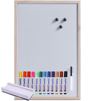 Zeller Magnetisch whiteboard/memobord - houten rand - 40 x 60 cm - met 12x Power Liner stiften en wisser