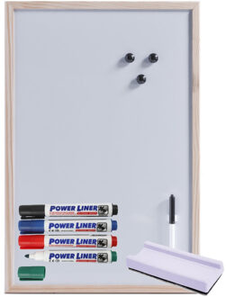 Zeller Magnetisch whiteboard/memobord - houten rand - 40 x 60 cm - met 4x Power Liner stiften en wisser