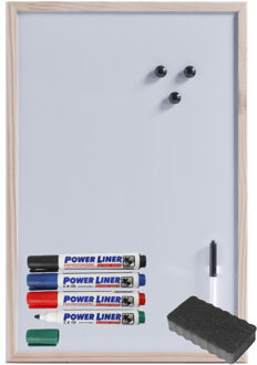 Zeller Magnetisch whiteboard/memobord - houten rand - 40 x 60 cm - met 4x Power Liner stiften en wisser