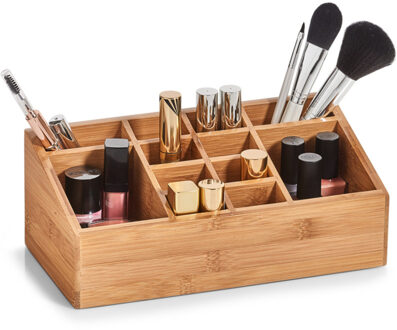 Zeller Make-uphouder/organizer 12-vaks kaptafel accessoires bamboe hout 25 x 12 cm - Opbergbox Bruin