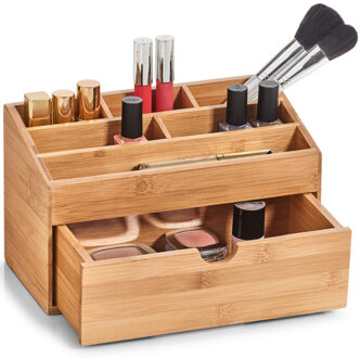 Zeller Make-uphouder/organizer 6-vaks met la kaptafel accessoires bamboe hout 25 x 12 cm - Opbergbox Bruin