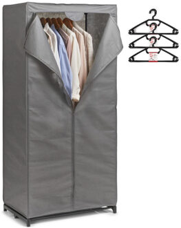 Zeller Mobiele kledingkast met 15x kleding hangers - enkele stang - kunststof - grijs - 50 x 160 x 75 cm