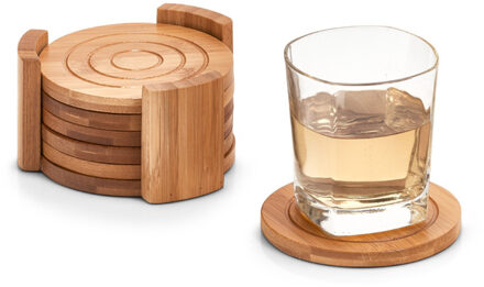 Zeller Onderzetters - 2x set van 6 onderzetters met houder - bamboe hout - 12,5 x 7 cm - glazenonderzetter