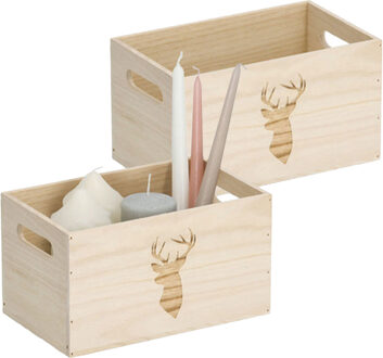 Zeller Opberg box/kist - 2x - naturel - hout - gestempeld hertenmotief - 25 x 15 x 14 cm