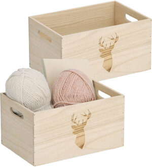 Zeller Opberg box/kist - 2x - naturel - hout - gestempeld hertenmotief - 30 x 20 x 16 cm