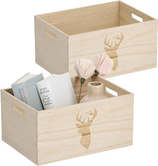 Zeller Opberg box/kist - 2x - naturel - hout - gestempeld hertenmotief - 35 x 25 x 18 cm