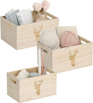 Zeller Opberg box/kist - set van 3 - naturel - hout - gestempeld hertenmotief