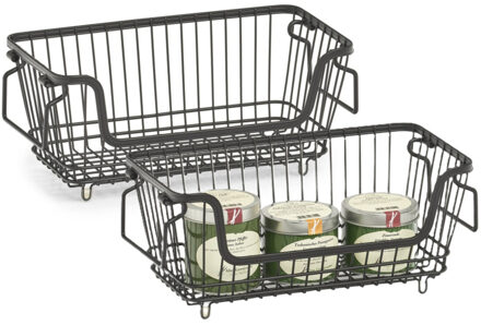 Zeller opberg draadmand - 2x - zwart - 32 x 16 x 14 cm - stapelbaar - metaal - kastmand