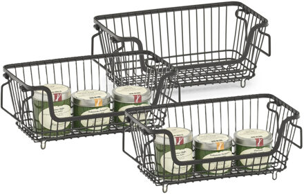 Zeller opberg draadmand - 3x - zwart - 32 x 16 x 14 cm - stapelbaar - metaal - kastmand