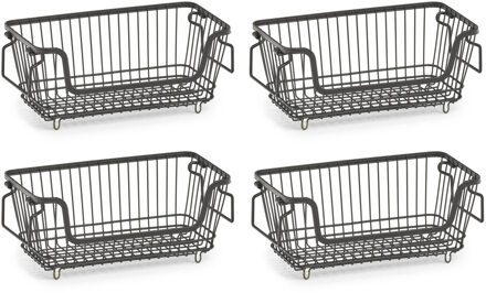 Zeller opberg draadmand - 5x - zwart - 32 x 16 x 14 cm - stapelbaar - metaal - kastmand