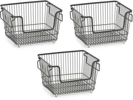 Zeller opberg draadmandje - 3x - zwart - stapelbaar - 33 x 27 x 21 cm - metaal - kastmanden