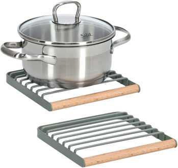 Zeller Pannenonderzetter - 2x - groen - metaal/hout - 18 x 18 cm - hittebestendige onderzetter