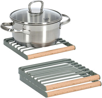 Zeller Pannenonderzetter - 3x - groen - metaal/hout - 18 x 18 cm - hittebestendige onderzetter