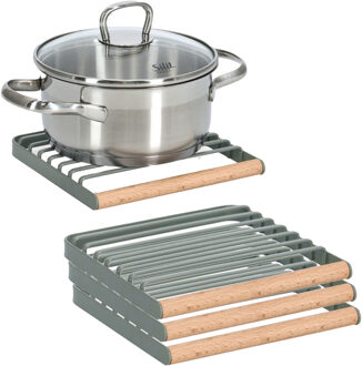 Zeller Pannenonderzetter - 4x - groen - metaal/hout - 18 x 18 cm - hittebestendige onderzetter