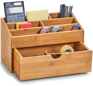 Zeller Pennenbakje 6-vaks met lade bureau organizer - bamboe hout - 25 x 12 x 15 cm