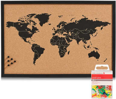 Zeller Prikbord wereldkaart met 40x punaises gekleurd - 60 x 40 cm - kurk