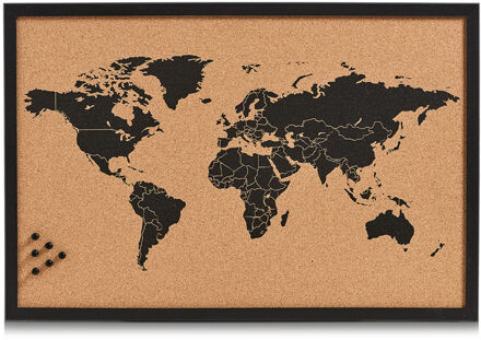 Zeller Prikbord wereldkaart - zwart - 60 x 40 cm - kurk/hout - incl. punaises