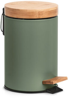 Zeller Prullenbak/pedaalemmer - metaal - bamboe hout - Soft Close - 3L - salie groen - 17 x 24 cm