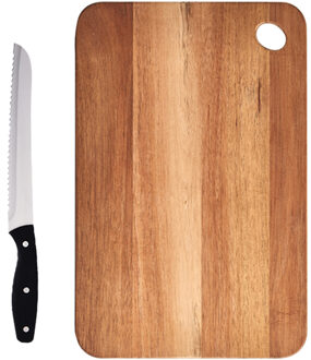 Zeller Rechthoekige acacia houten snijplank 41 cm inclusief RVS Broodmes 33 cm - Snijplanken Bruin