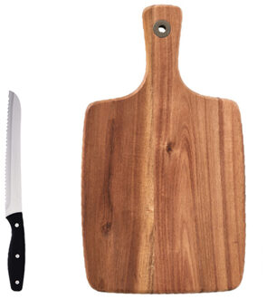 Zeller Rechthoekige acacia houten snijplanken met handvat 32 cm inclusief RVS broodmes 33 cm