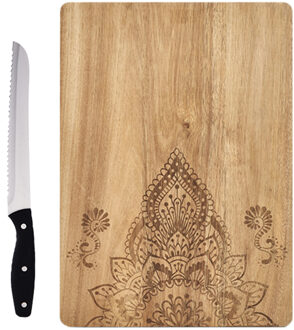 Zeller Rechthoekige houten snijplanken met mandala print 40 cm inclusief RVS broodmes 33 cm