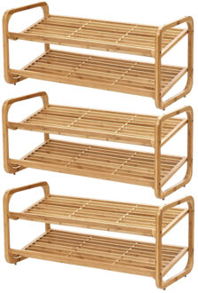 Zeller schoenenrek - 3x - bamboe hout - 2-laags - 74 x 33 x 33 cm - stapelbaar - schoenen standaard
