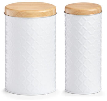 Zeller Set 2x keuken voedsel opslag voorraadpotten wit/bamboe in 2 formaten