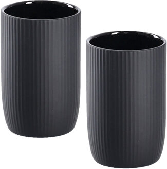 Zeller Tandenborstel beker/houder - 2x - keramiek - zwart - mat - rond - 8 x 12 cm