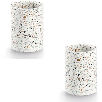 Zeller Tandenborstel beker/houder - 2x - wit - terrazzo design - keramiek - rond - 8 x 11 cm