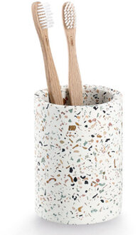 Zeller Tandenborstel beker/houder - wit - terrazzo design - keramiek - rond - 8 x 11 cm