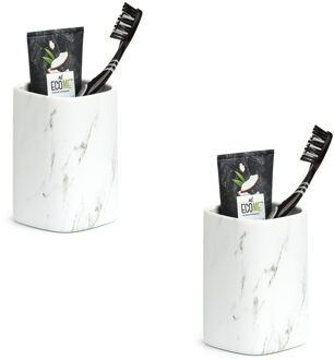 Zeller Tandenborstelhouder - 2x - keramiek - wit marmerlook - 7,5 x 11 cm