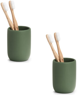 Zeller Tandenborstelhouder - 2x - kunststeen - salie groen - D7 x H10 cm