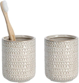 Zeller Tandenborstelhouder/badkamer beker - 2x - keramiek - beige - D8 x H10 cm - structure