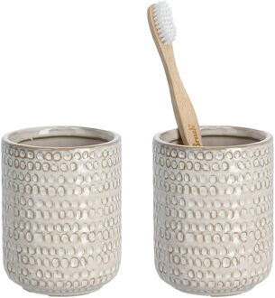 Zeller Tandenborstelhouder/badkamer beker - 2x - keramiek - beige - D8 x H10 cm - structure