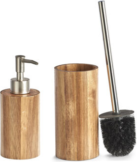 Zeller Toilet spullen set Toiletborstel met zeeppompje van acacia hout - Badkameraccessoireset Bruin